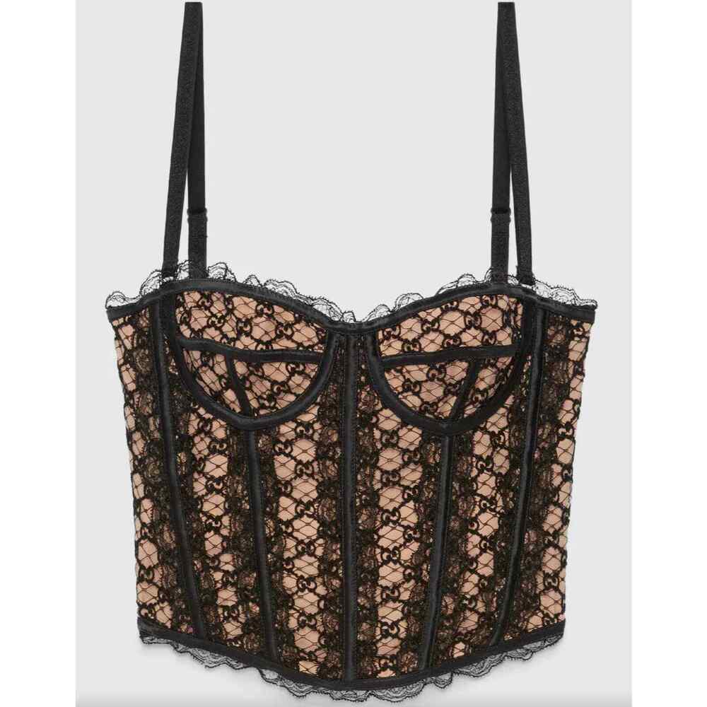 Gucci GG Net Corset Black Nude Lace All Over Logo Bustier Lace Shirt Top Medium - Picture 3 of 16